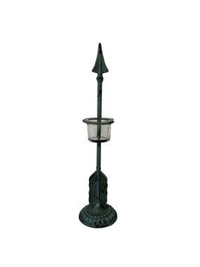 Green Arrow-Shaped Cast Metal Candle Holder With Glass Insert Distressed Finish